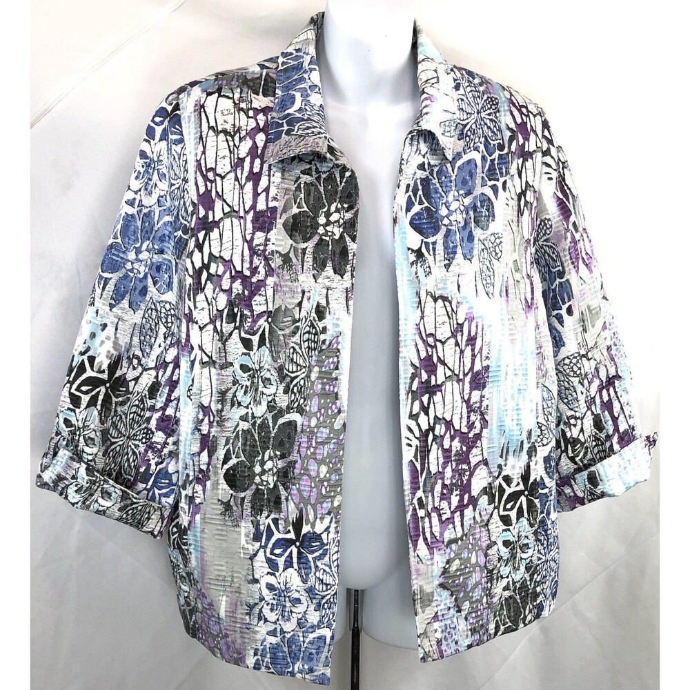 Alfred Dunner Open Front light Jacket Blazer 12 multi color floral 3/4 sleeve